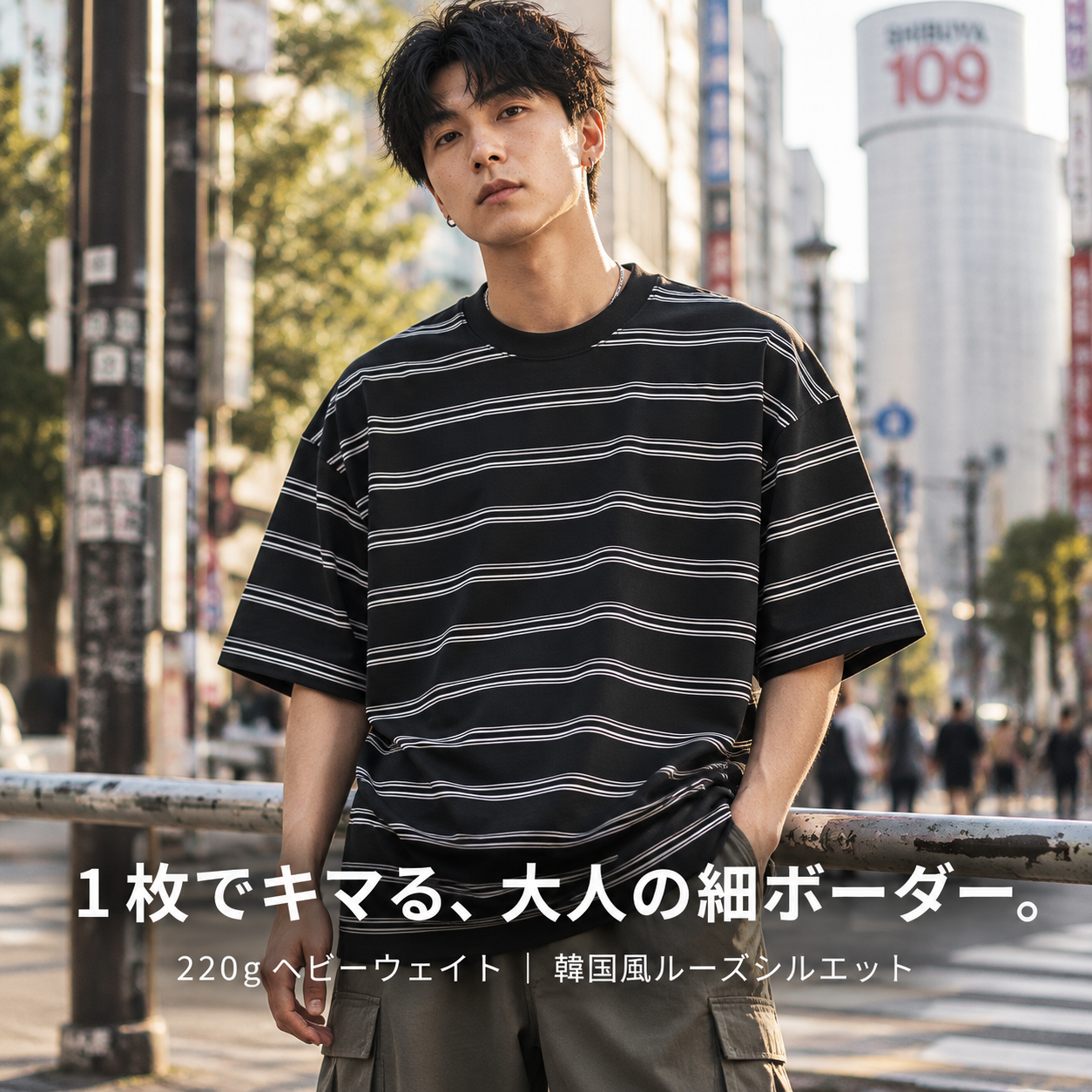 メンズ韓国風ヘビーウェイト細ストライプ半袖Tシャツ 220g