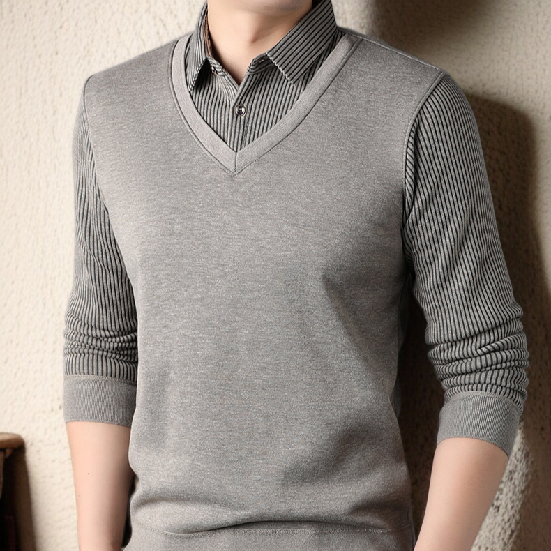 남자 겨울 니트 셔츠 가짜 투피스 기모 도톰 니트 셔츠 솔리드 스트라이프 니트 셔츠