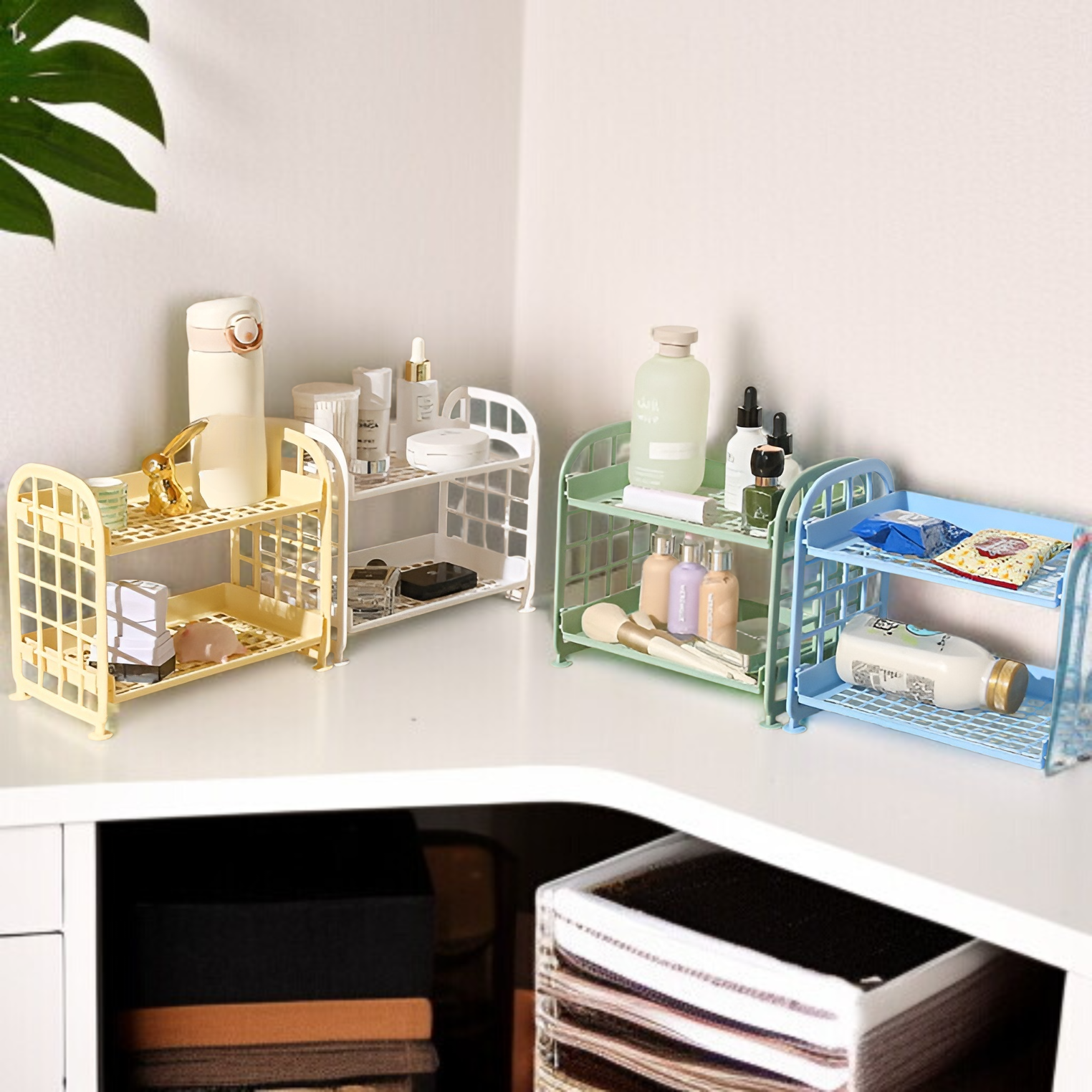 デスクトップ化粧品ジュエリーラック二層折りたたみ収納ラックシンプルな家庭用デスクトップバスルーム収納ラック