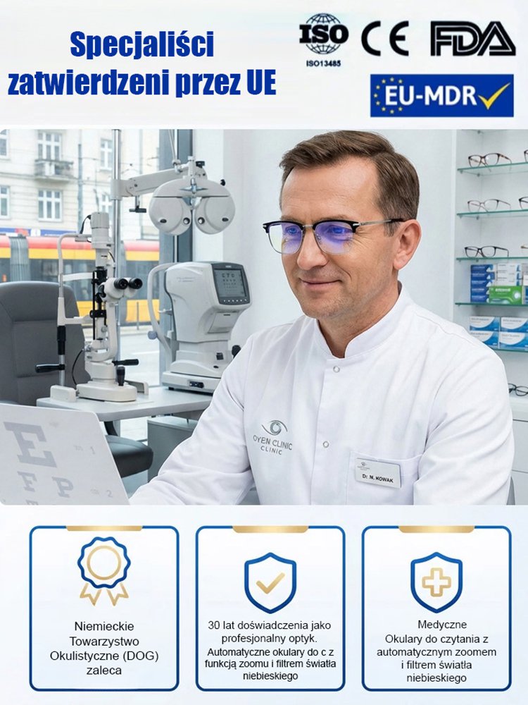 Automatyczne okulary do czytania z funkcją zoomu i filtrem światła niebieskiego