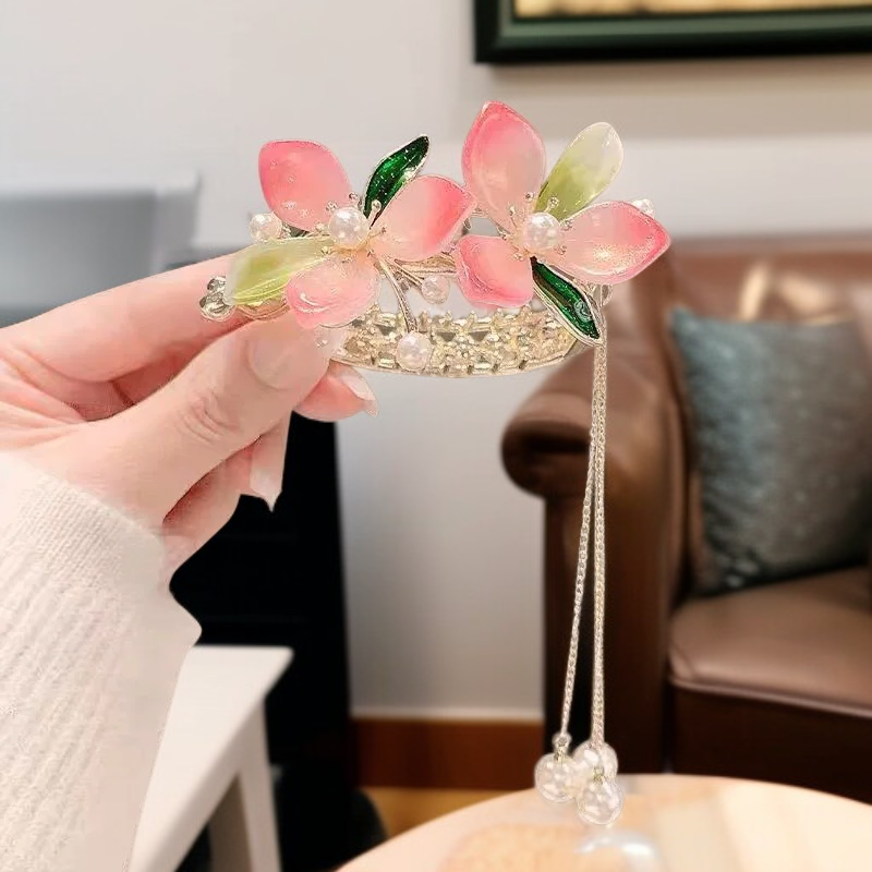 新中式桃花タッセル団子ヘアピン・ポニーテール髪飾り