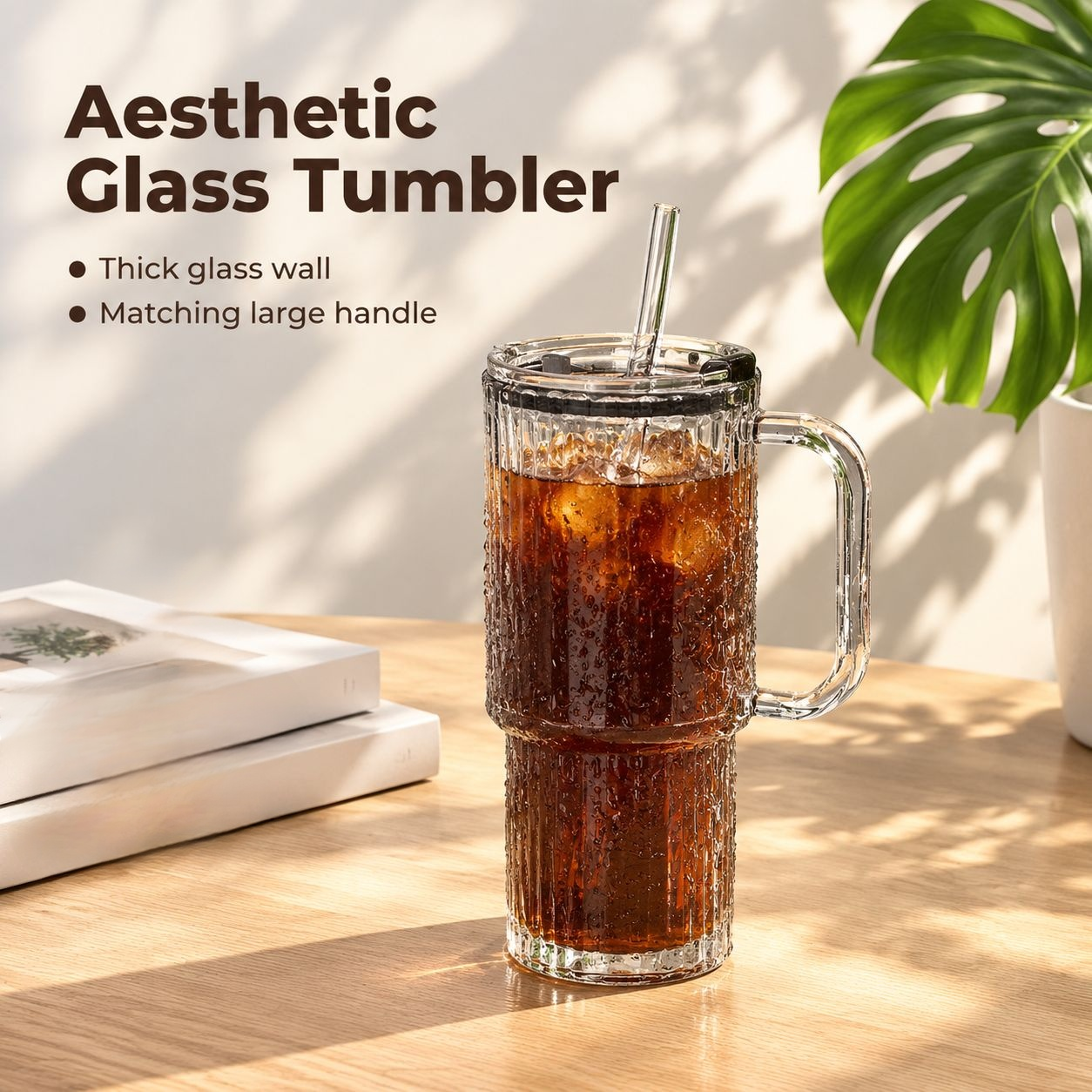 Large Glass Cup with Straw and Handle