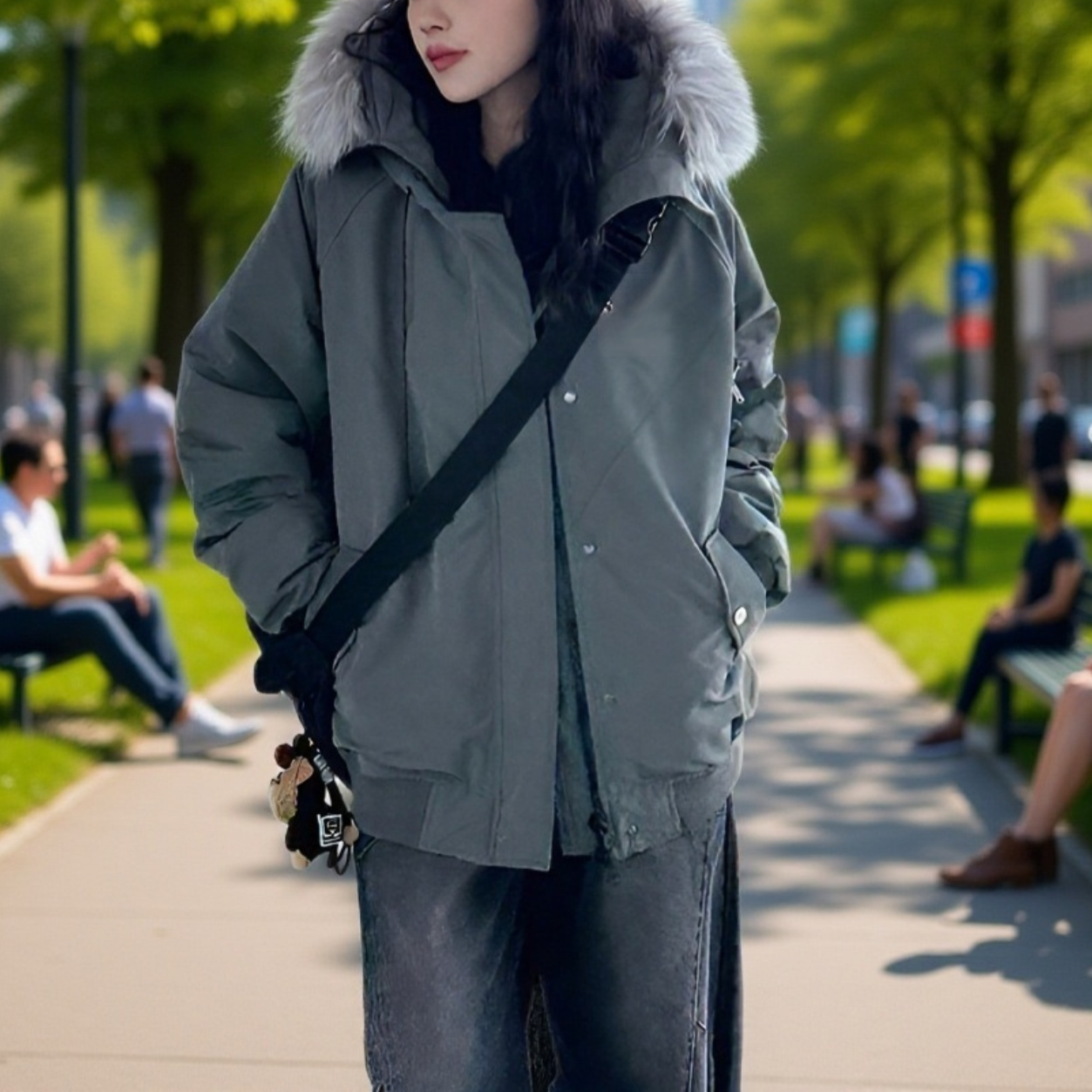 大きなファー付きレディース中綿コート