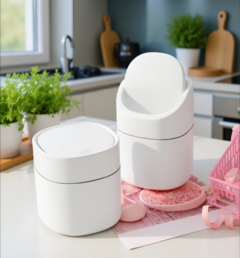 Slim flip-top trash can fitting beside kitchen counter