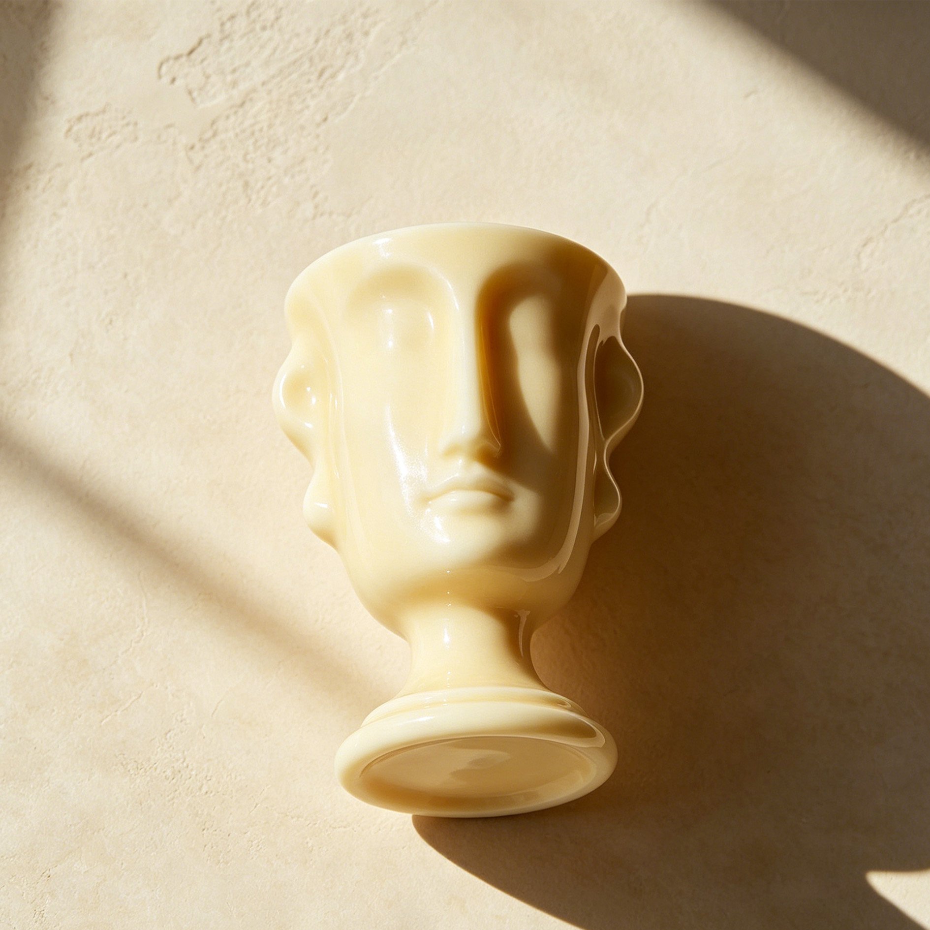 Closeup of artistic face-shaped ceramic vase with flowers