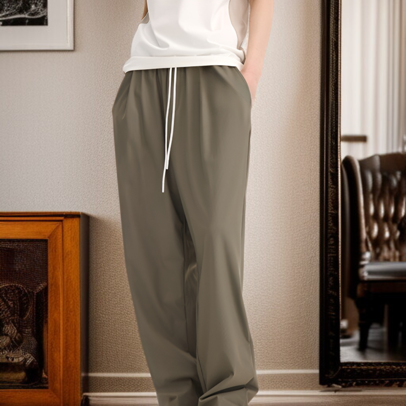 チェック柄速乾空調パンツ高弾性クールパンツゆったりスポーツカジュアルストレートパンツ男女兼用2025春夏新作パンツ