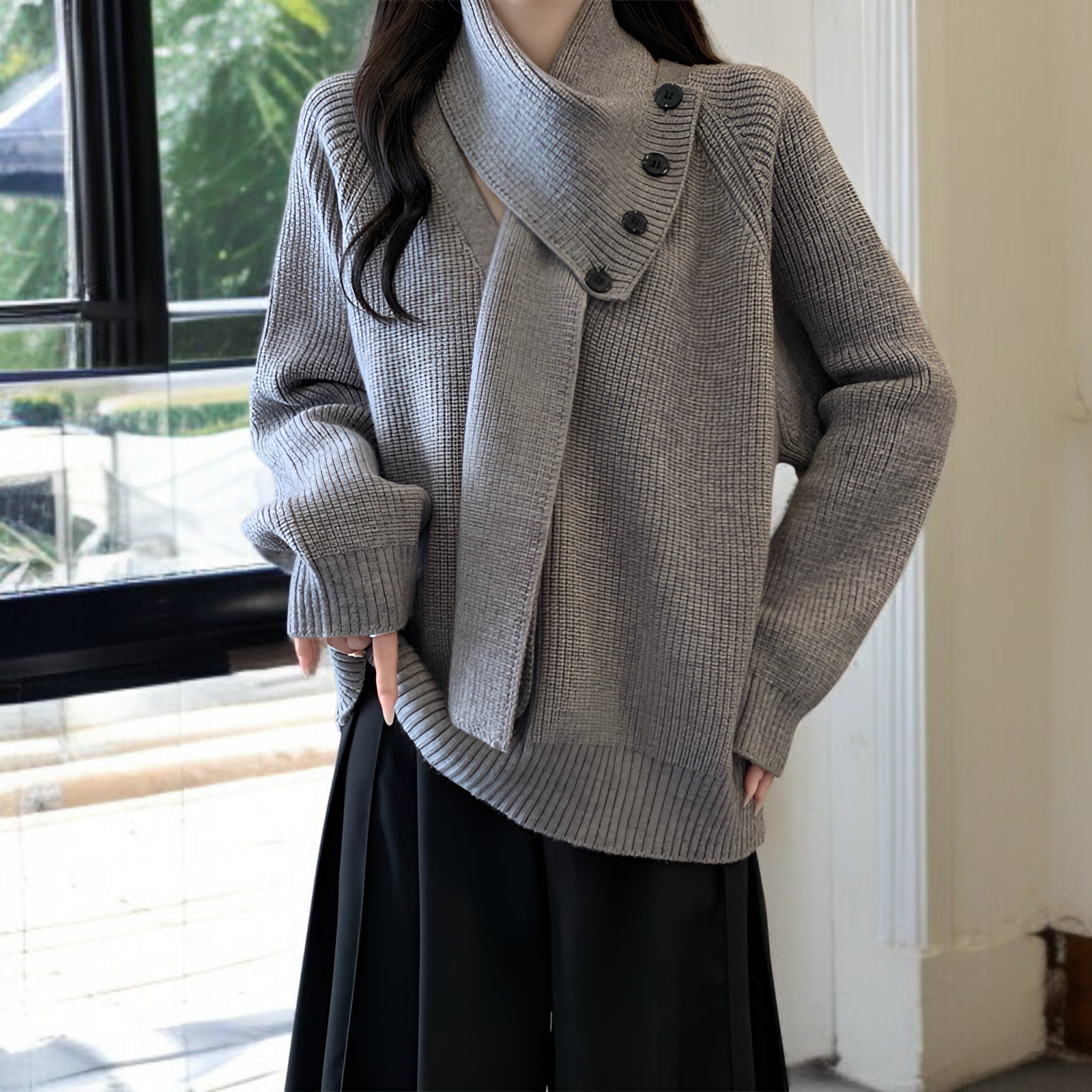 韓国風プルオーバーセーター、取り外し可能なスカーフ付き、レディース秋冬オリジナルデザインニットセーター、超美しいトップス