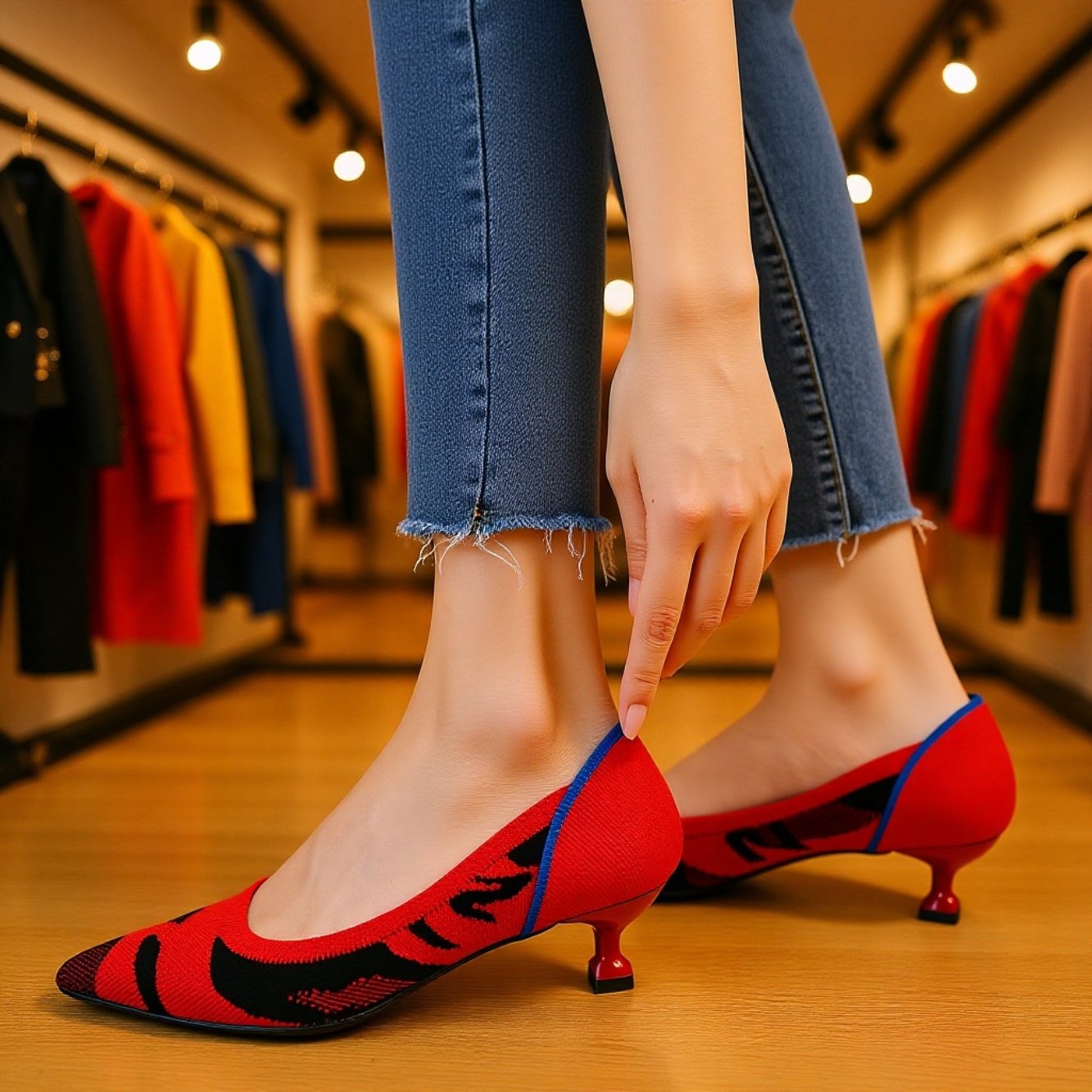 キャットアイとポインテッドトゥの細ヒールパンプス