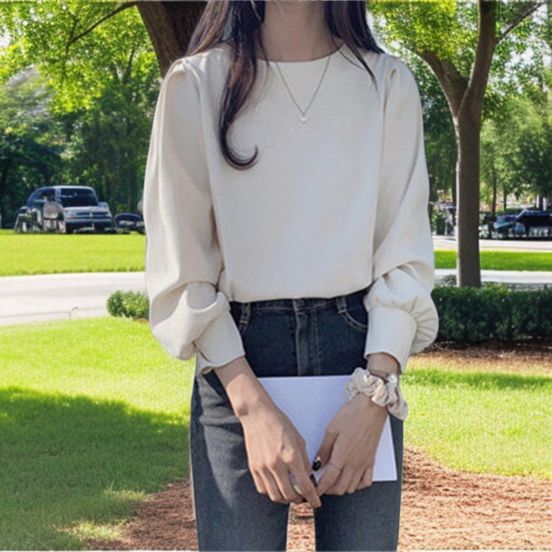 女性の秋の白い老化長袖シャツ緩い泡袖ブラウスヘイズブルー長袖シャツ