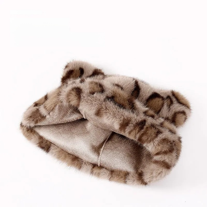 หมวกหมีขนฟูหนาลายเสือดาวกันหนาว