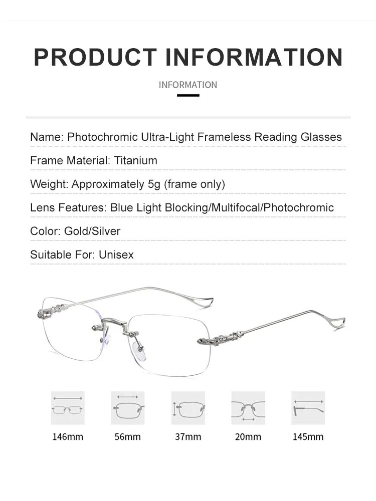Photochromic Ultra-Light Frameless Reading Glasses
