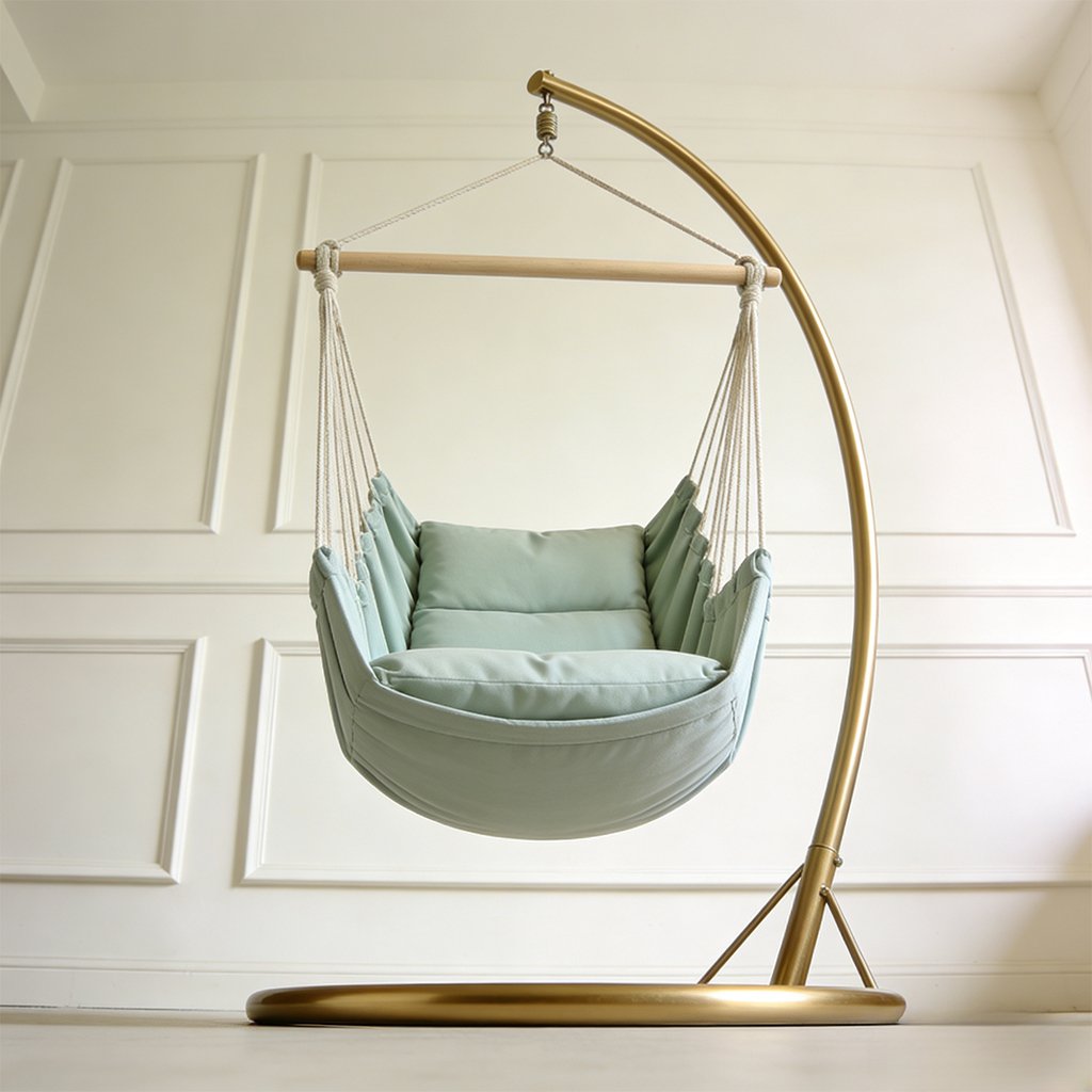 Silla colgante de interior instalada en un salón moderno