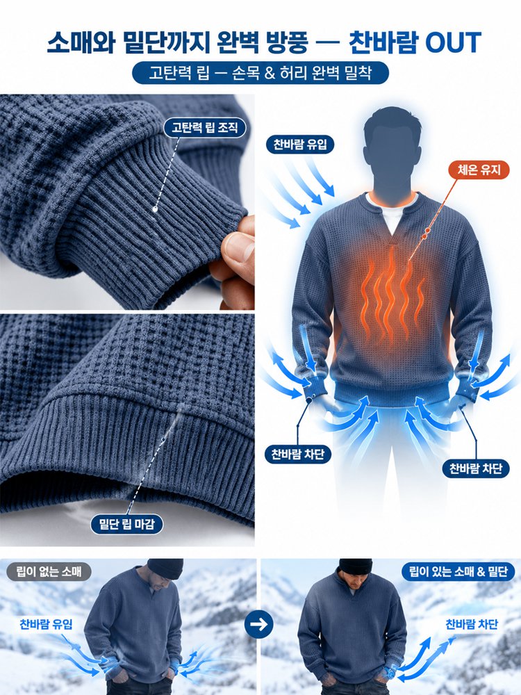 트렌디한 V넥 와플 배색 페이크 레이어드 맨투맨