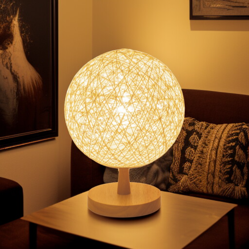 삼베 로프와 등나무 공 모양 테이블 램프