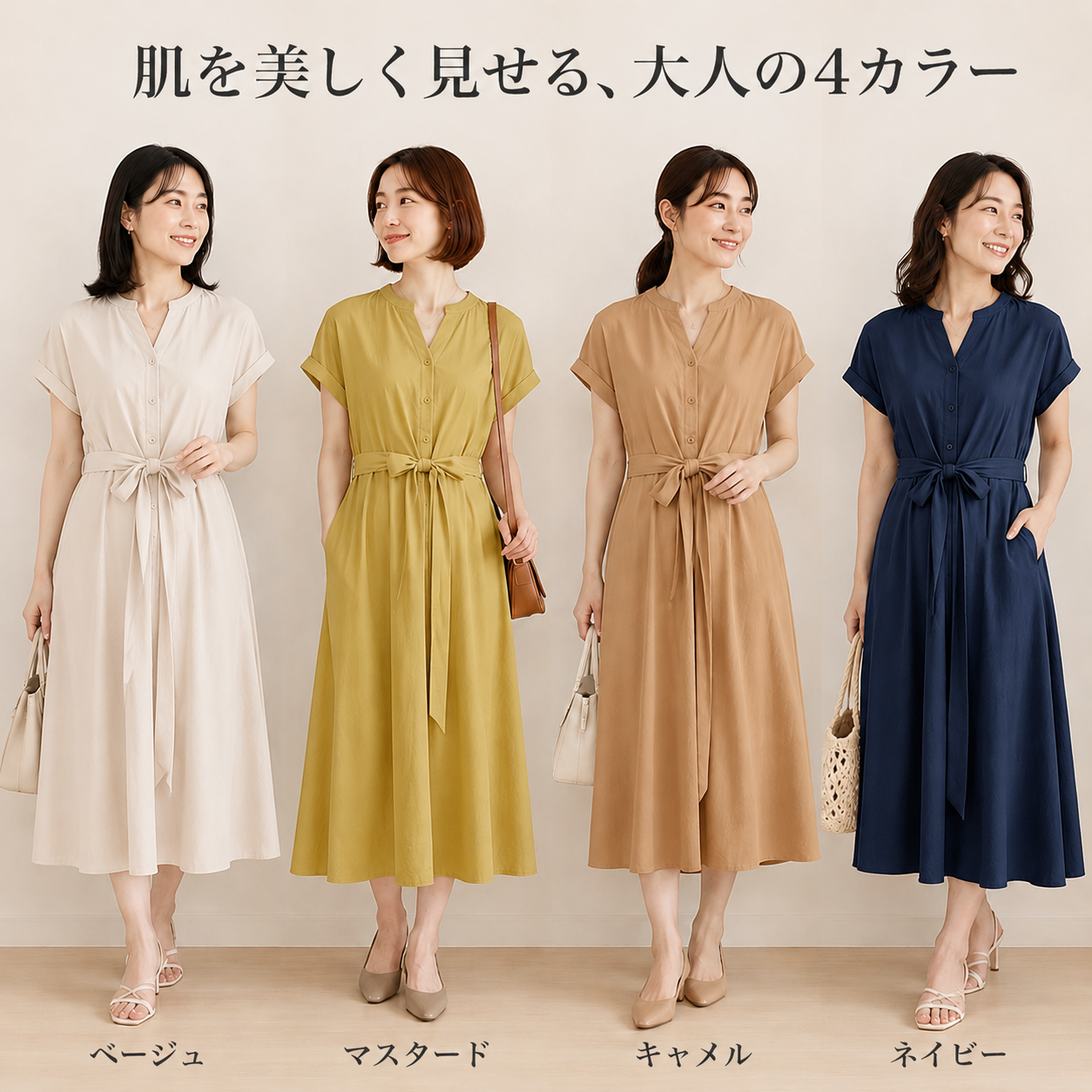 日韓風ウエストリボン付き細見えワンピース