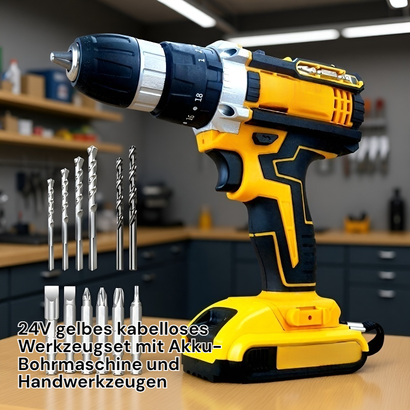 Detailansicht der gelben Akku-Bohrmaschine