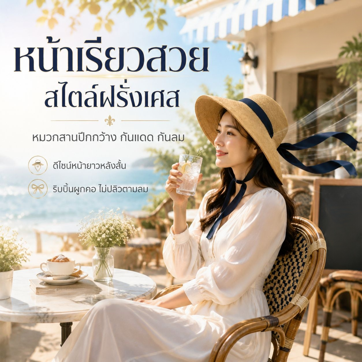 หมวกฟางสไตล์ฝรั่งเศสพับได้ หมวกกันแดดแบบเฮปเบิร์น ปีกหน้า-หลังไม่เท่ากัน เหมาะกับท่องเที่ยวทะเล