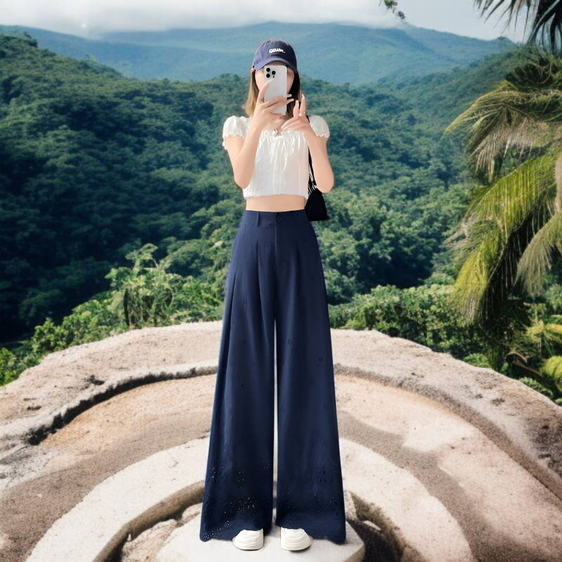 夏用中空ワイドレッグパンツ、フックフラワーワイドレッグパンツ、レディース2025新作、ハイウエストパンツ、スリムドレープレースパンツ、カジュアルストレートパンツ