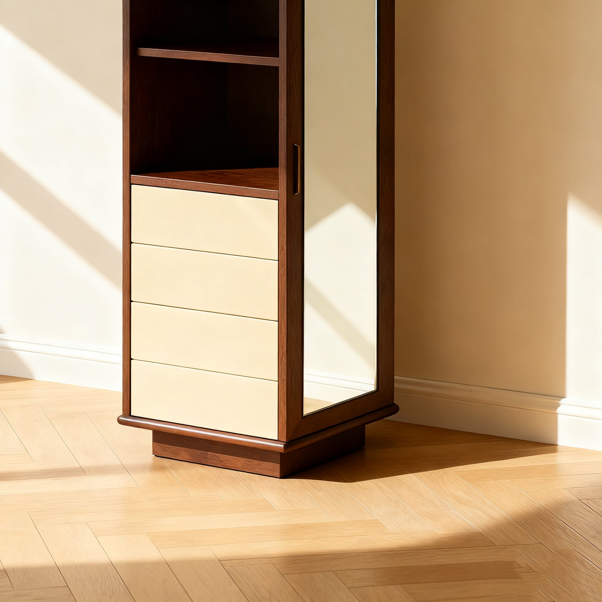 원목 수납 캐비닛의 거울 디테일