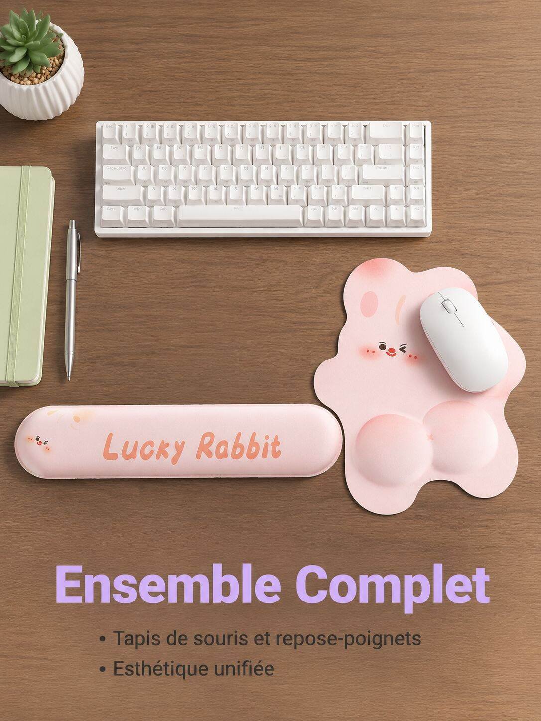 Tapis de souris lapin mignon avec repose-poignet 3D antidérapant