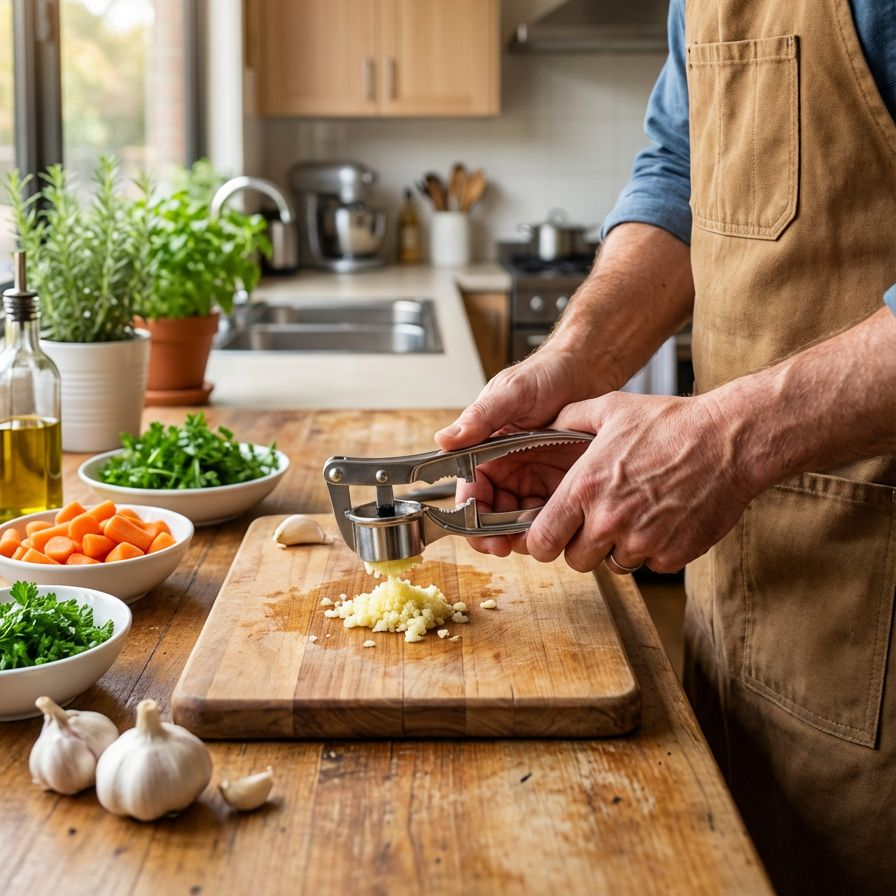 Knoblauchpresse aus Edelstahl mit frischem Knoblauch