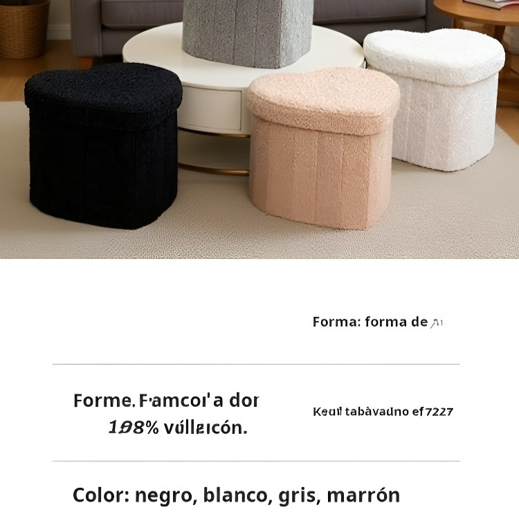 Taburete de almacenamiento multifuncional en forma de corazón con tela de felpa