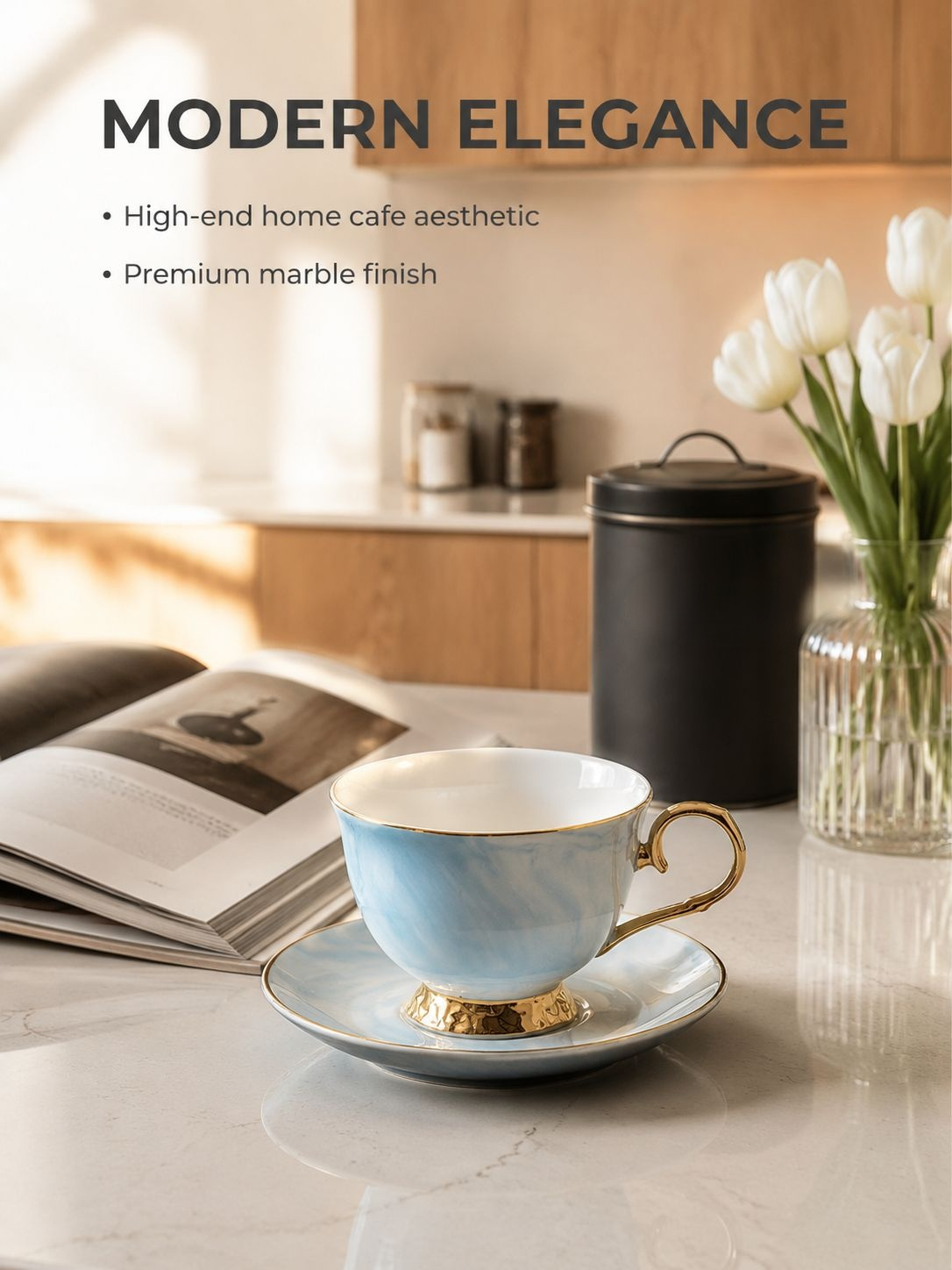 Marble pattern ceramic coffee cup set on wooden table