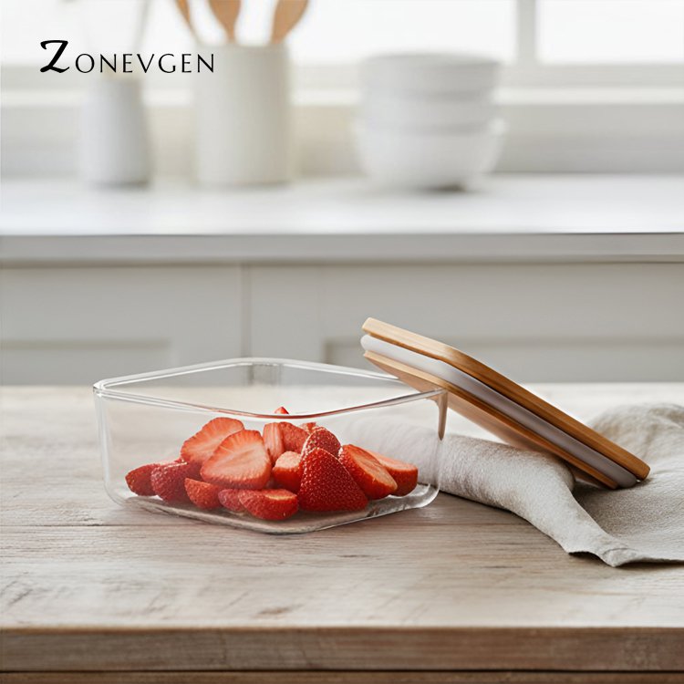 나무 뚜껑 투명 식품 보관함 2개 세트