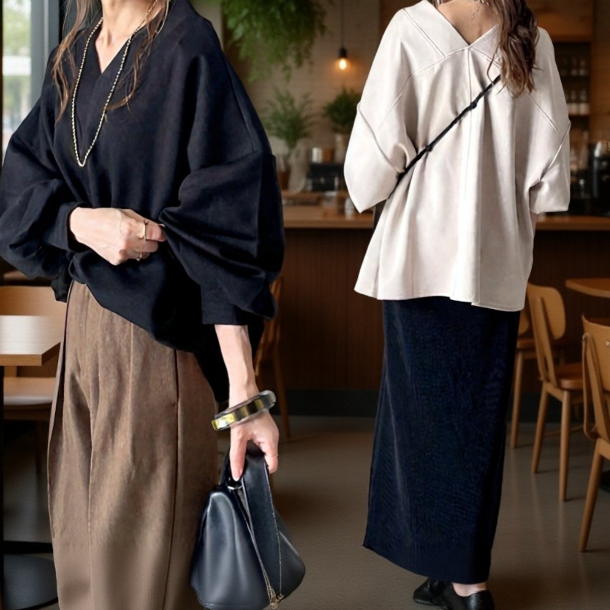 ゆったりバットウィングスリーブ大きめVネック無地レディーストップス