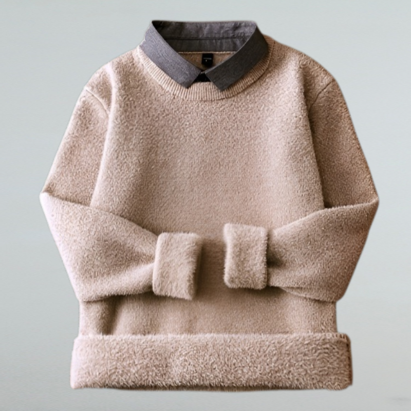 ラウンドネック、ベルベット素材の厚手暖かいフェイクツーピースシャツカラーセーター