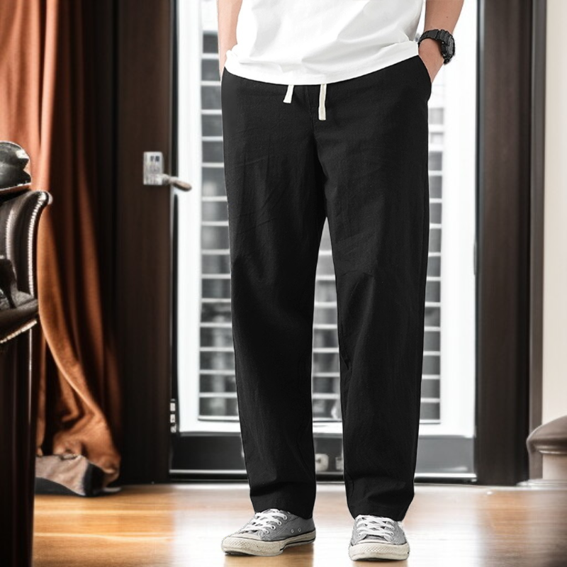 男性用 リネン素材 ゆったりワイドカジュアルパンツ 9分丈