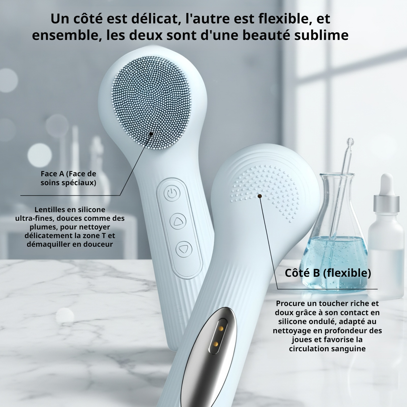 Nettoyeur facial en silicone électrique, vibration sonique chauffante, réglage de 9 températures