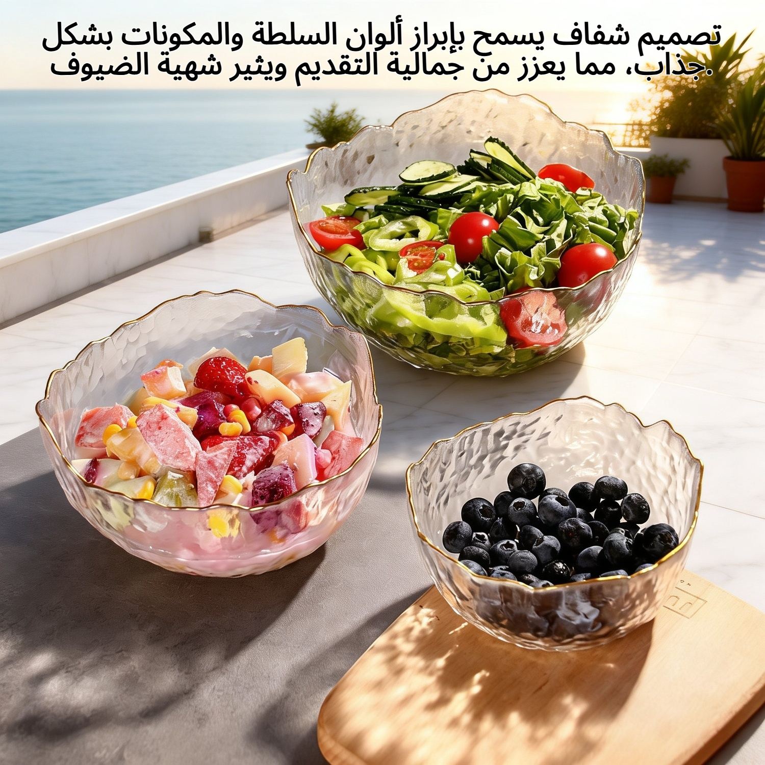 وعاء سلطة شفاف بحافة ذهبية