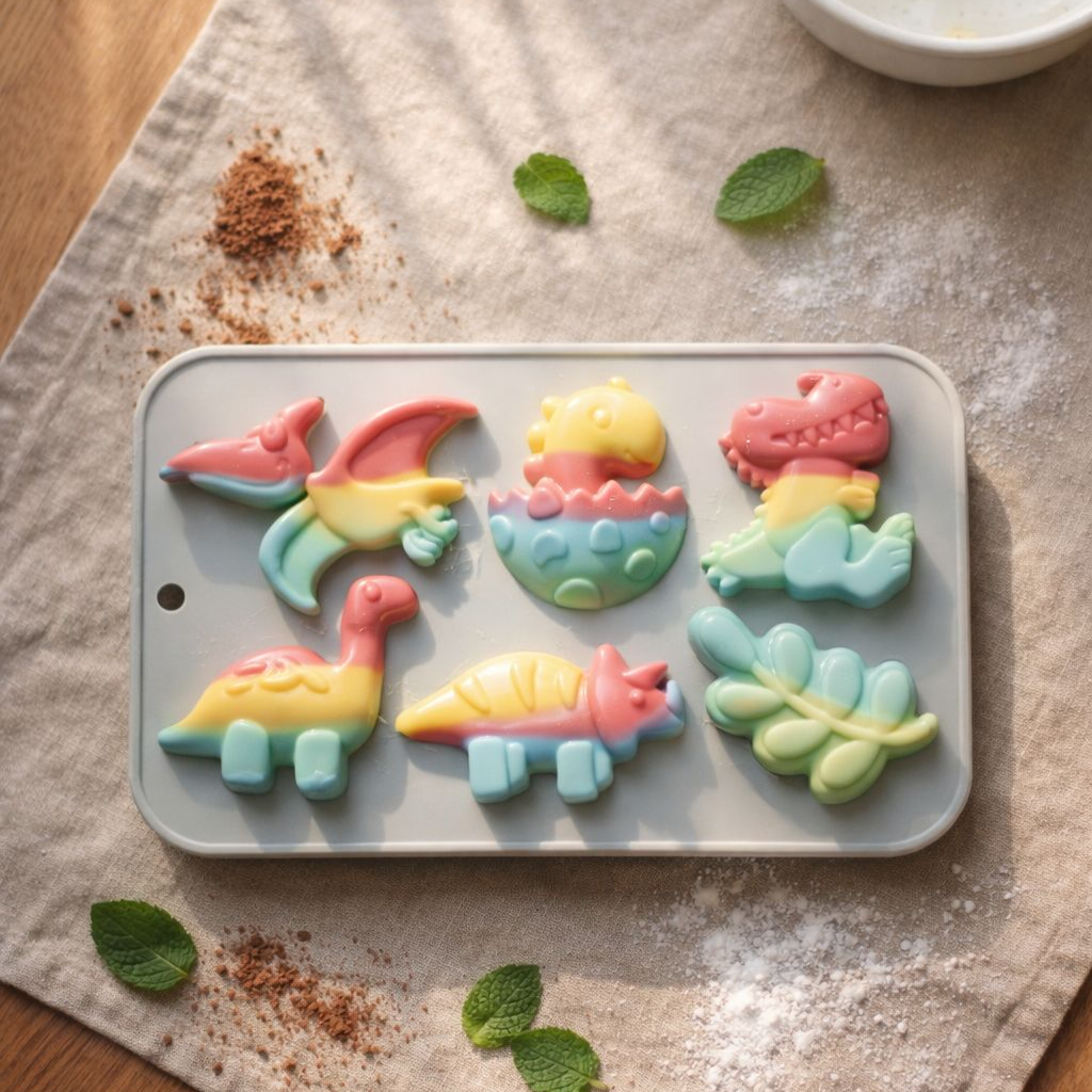 Close-up of dinosaur shaped cavity in silicone mold