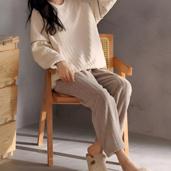 R-パジャマ レディース 冬用 コーラルフリース ラウンドネック プルオーバー プラス ベルベット 厚手 防寒 暖かい フランネル ホームウェア スーツ 秋冬