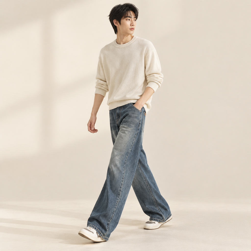 복고풍 스트레이트 진 남성 봄가을