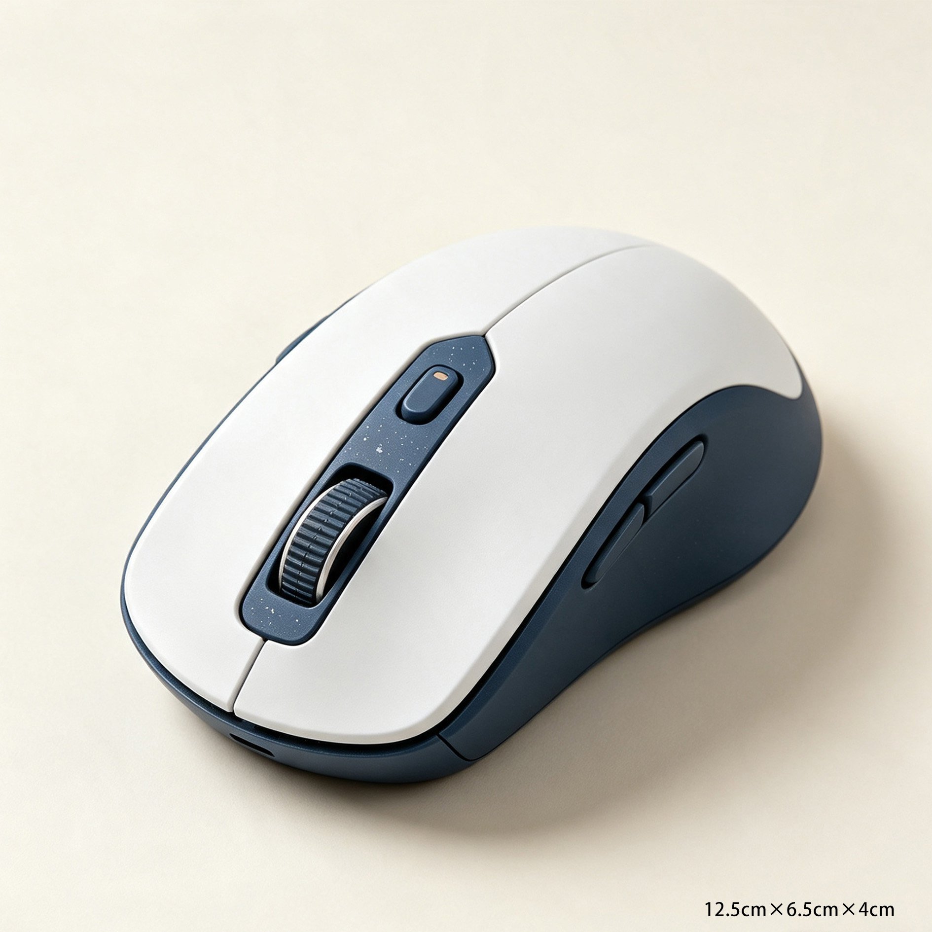 Side profile of the white and navy blue mouse