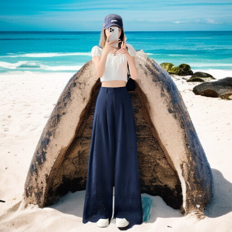 夏用中空ワイドレッグパンツ、フックフラワーワイドレッグパンツ、レディース2025新作、ハイウエストパンツ、スリムドレープレースパンツ、カジュアルストレートパンツ