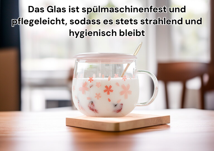 Elegantes Glas mit Kirschblütendekor auf weißem Hintergrund