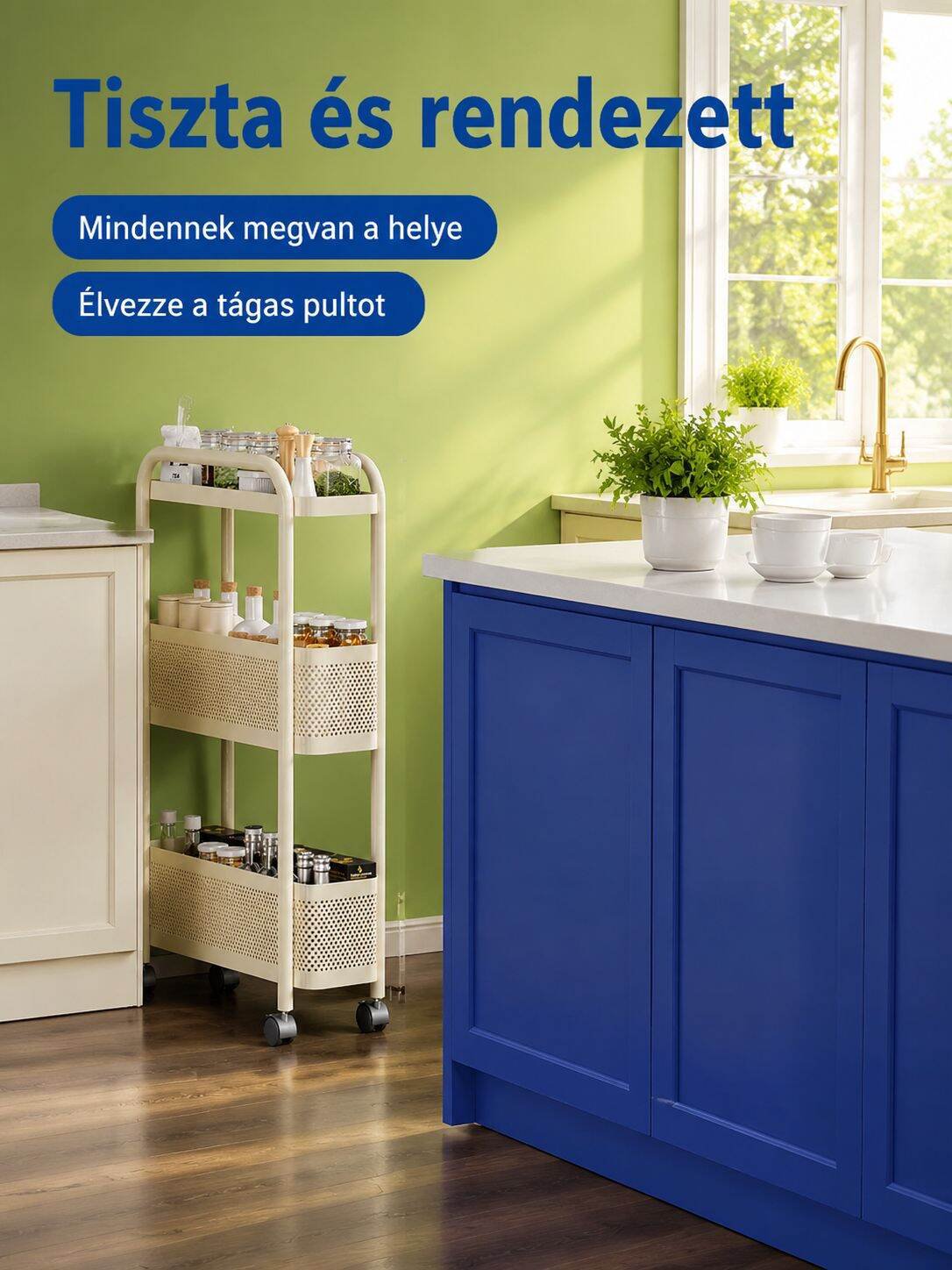 Többfunkciós konyhai tárolószekrény gurulós kocsival