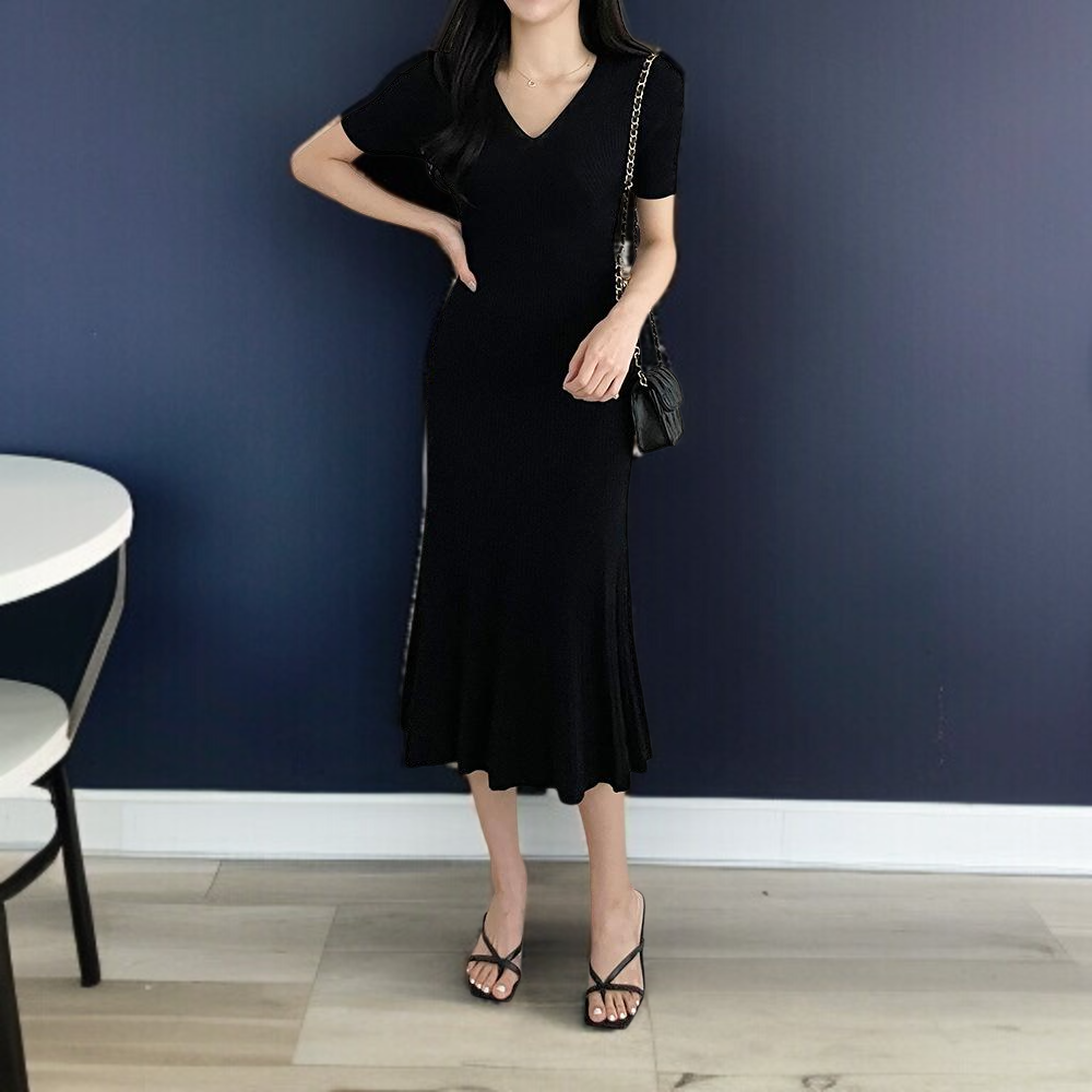 반팔 슬림 미디스커트 솔리드 니트 브이넥 풀오버 원피스