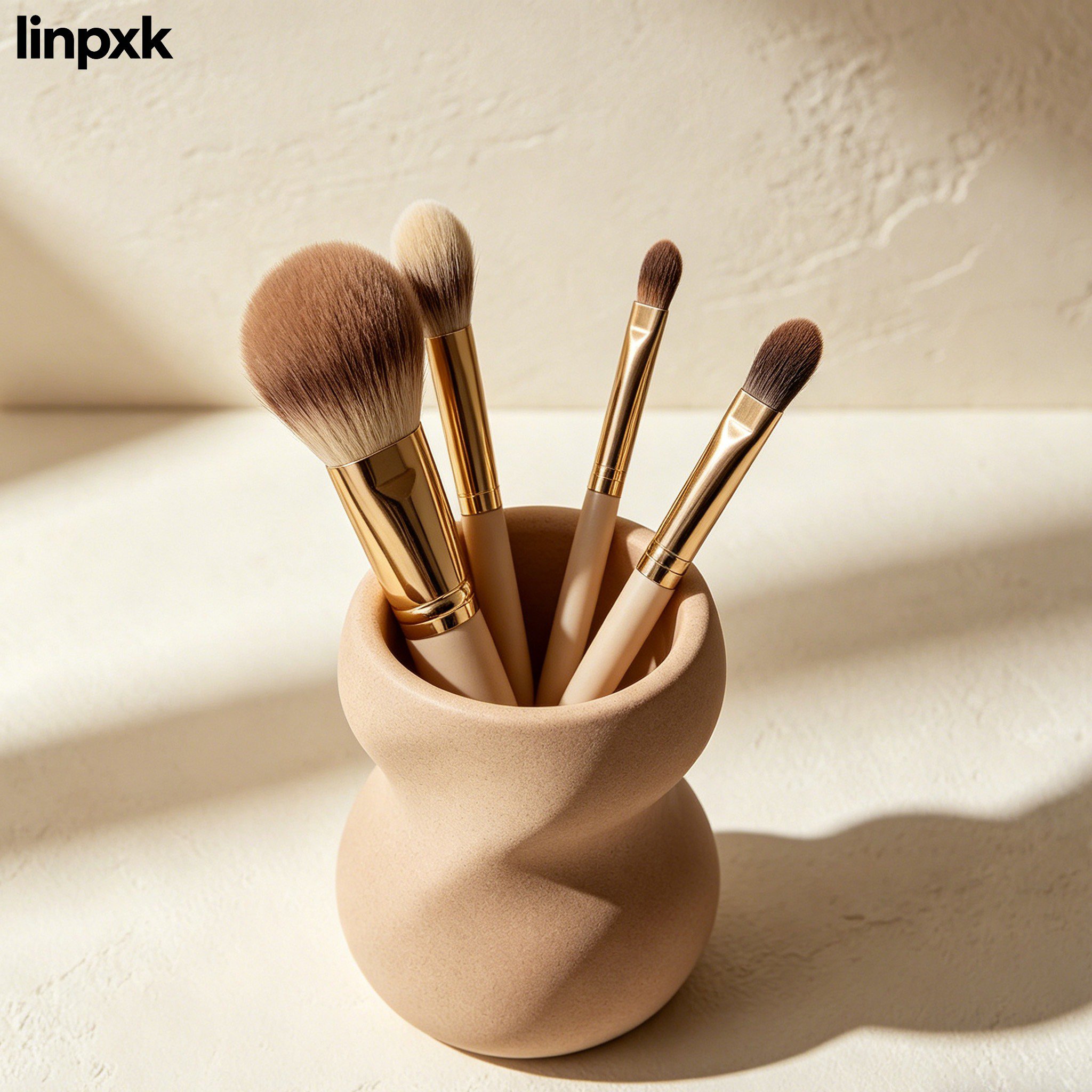 机の上に並んだメイクブラシ収納ケース