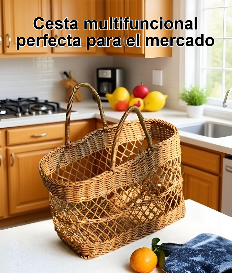 Cesta de la compra tejida a mano de imitación de ratán en uso