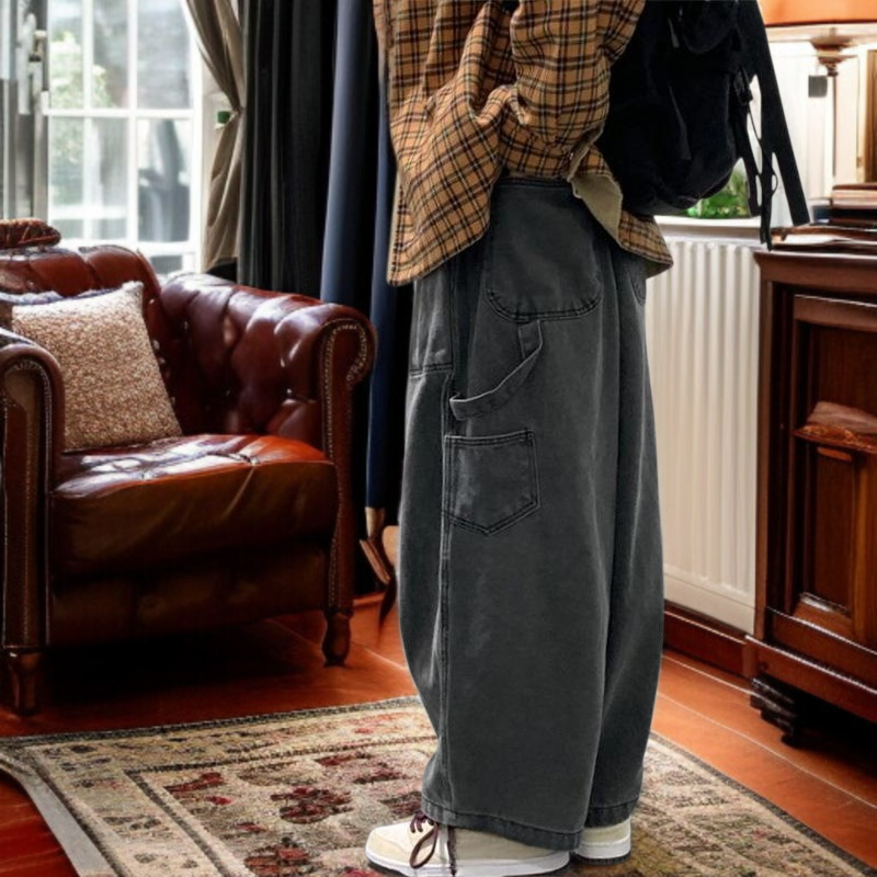 빈티지 카고 와이드 일자 와이드 팬츠 남자 힙합 빅 사이즈 데님 팬츠