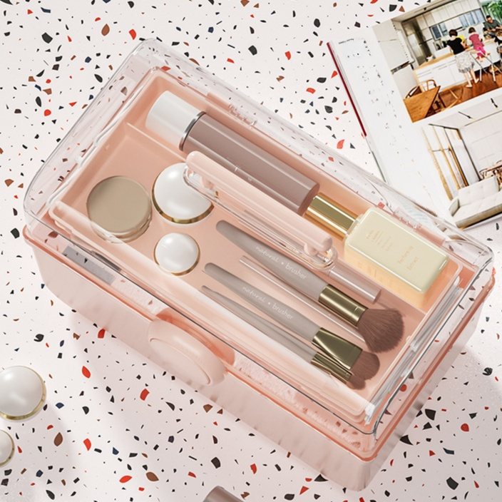化粧品クリア手提げ収納ボックス 防塵・大容量 卓上収納ケース