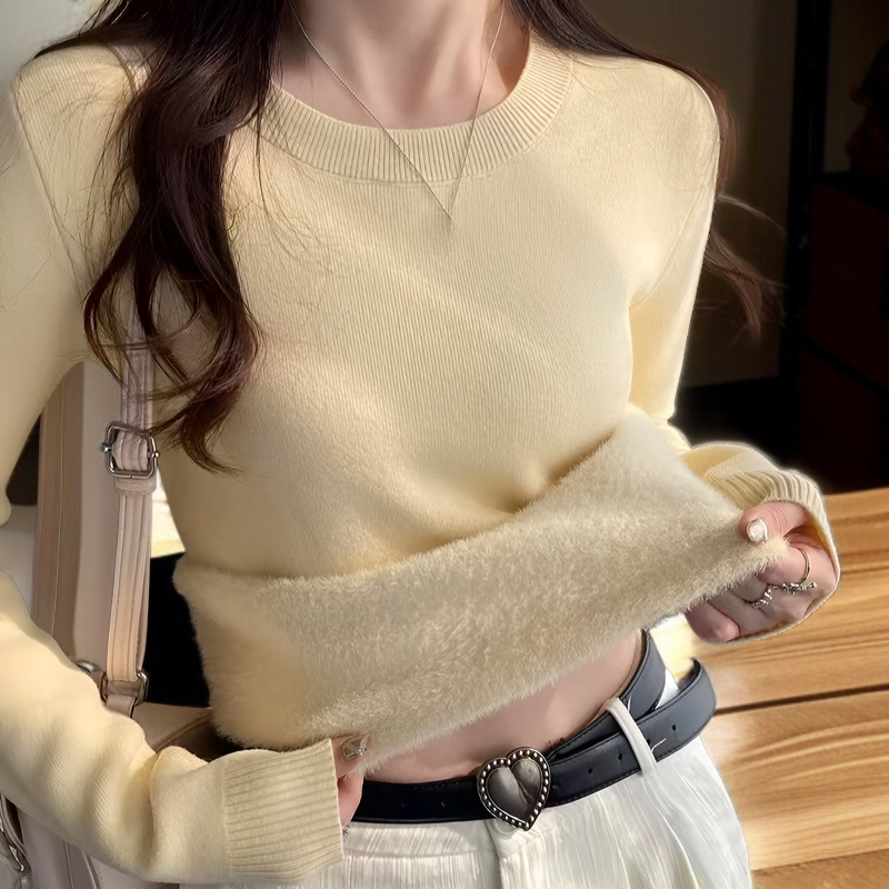 2025年冬新作：フリース裏地、極暖セーター、厚手フリースクルーネックプルオーバー、暖かいニットウェア、ベースレイヤー、秋冬レディーストップス、寒い天候の解決策