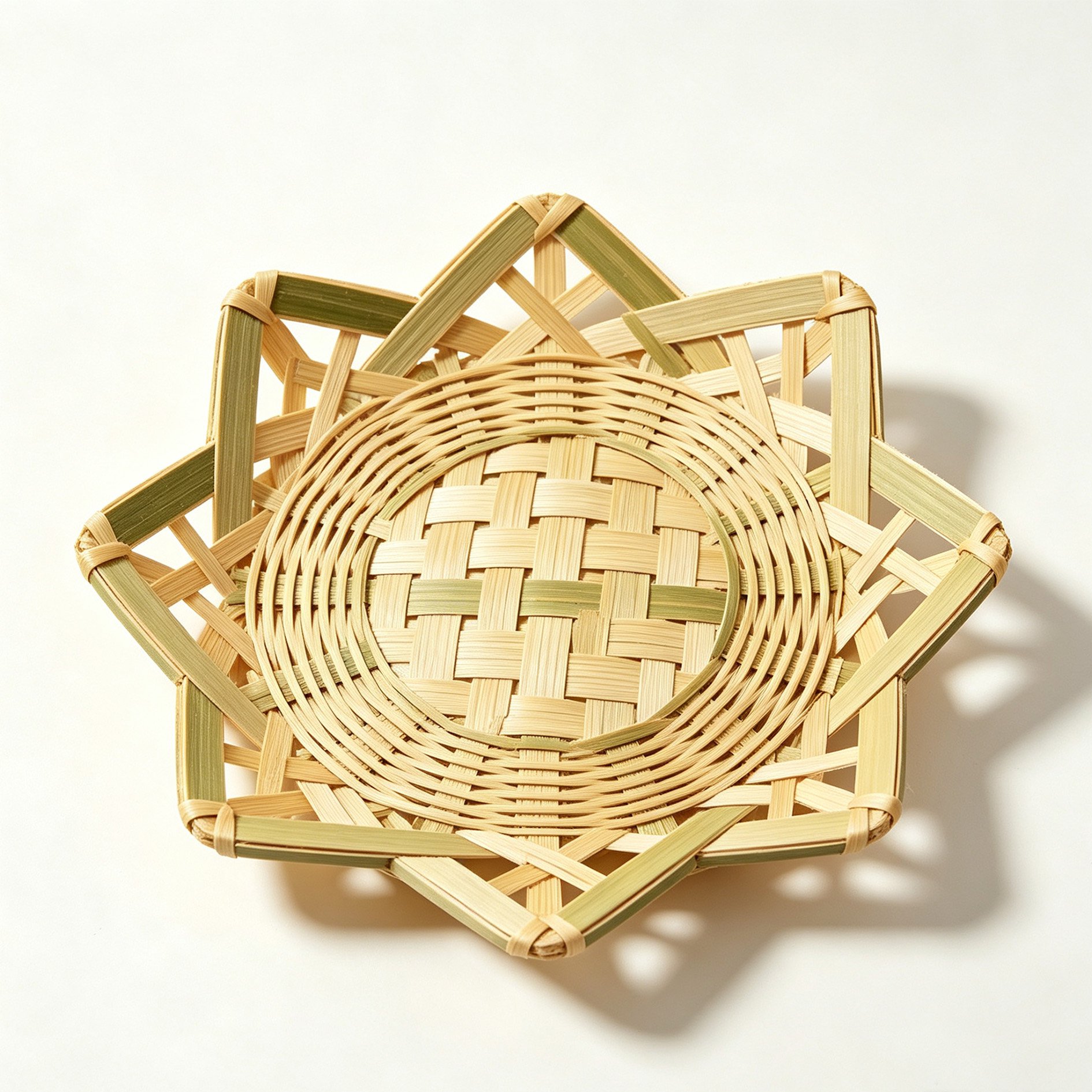 Star-shaped handmade bamboo tea tray on a wooden table