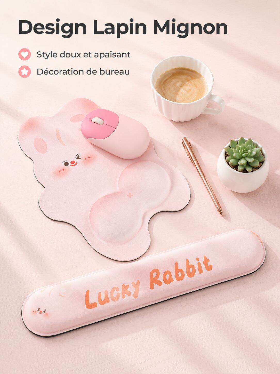 Tapis de souris lapin mignon avec repose-poignet 3D antidérapant