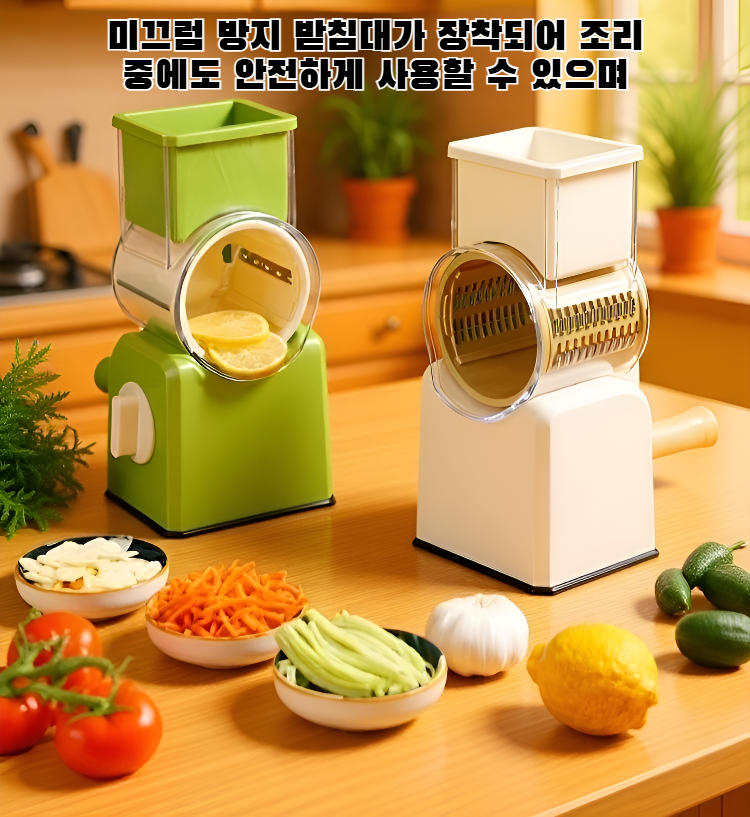 야채 절단기에 당근을 넣고 사용하는 장면