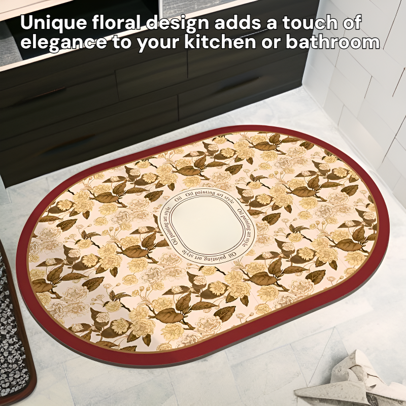 Quick Dry Diatomaceous Earth Non-slip Mat Floral Kitchen Bathroom Dual Use Washable Oval